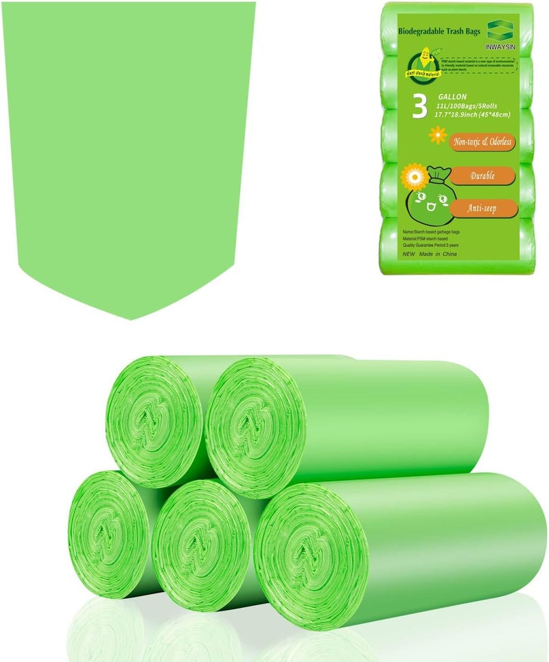 Inwaysin 3 Gallon Biodegradable Trash Bags - Compostable Small Garbage Bag Strong Thick Unscented Recycling Kitchen Can Liners for Home/Office/Bathroom Waste Basket (Green, 100 Counts) - Image 1